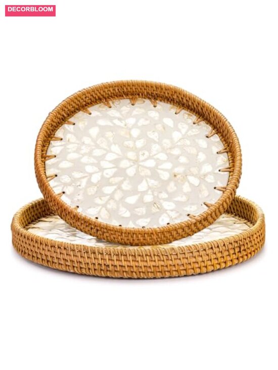 Other - 2 Pack Rattan Trays with Mother of Pearl Inlay, Wicker Serving Trays,